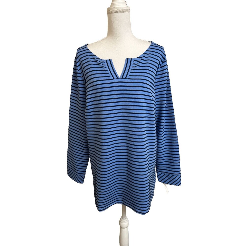 NWT Talbots Plus X (1X) Ottoman Stripe Tunic Blue Split Neckline Long Sleeve NEW